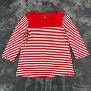 Kim Rogers Red White Striped Colorblock 3/4 Sleeve Cotton Top Medium